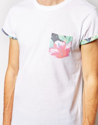 ASOS T-Shirt With Flower Print Pocket And Printed Roll Sleeve