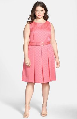 Tahari by ASL Belted Jacquard Pleat Fit & Flare Dress (Plus Size)