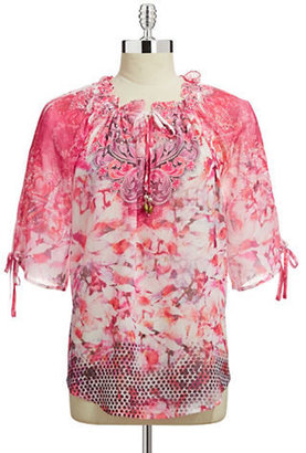 STYLE AND CO. Petite Printed Tie Sleeve Peasant Top --