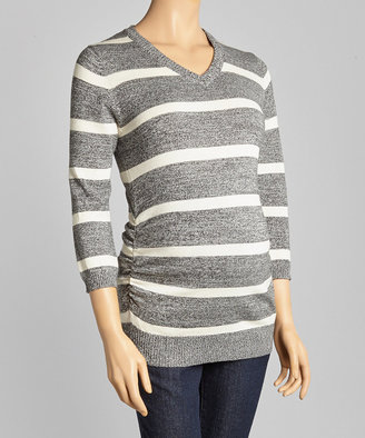 Black & Ivory Stripe Maternity V-Neck Sweater - Women