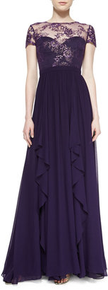 Badgley Mischka Short-Sleeve Lace-Bodice Illusion Gown