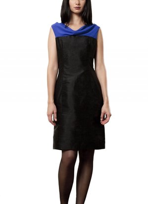 Carnet de Mode Olivier Battino Black Silk Dress with Blue Cowl Neck