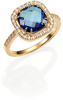 Suzanne Kalan English Blue Topaz, White Sapphire & 14K Yellow Gold Cushion Ring