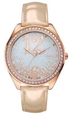 GUESS Ladies rose gold metallic leather strap watch