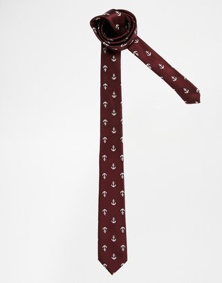 ASOS Tie With Anchor Design - Burgundy