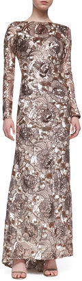 Badgley Mischka Long-Sleeve Sequined Floral Gown, Rose Gold