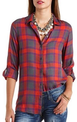 Charlotte Russe Button-Up Plaid Tunic Top
