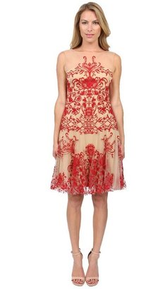 Notte by Marchesa 3135 Notte by Marchesa llusion Neck Embroidered Dress in Red/Nude Women