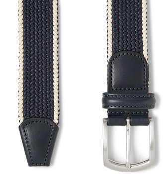 Andersons Navy 3.5cm Leather-Trimmed Woven-Cotton Belt