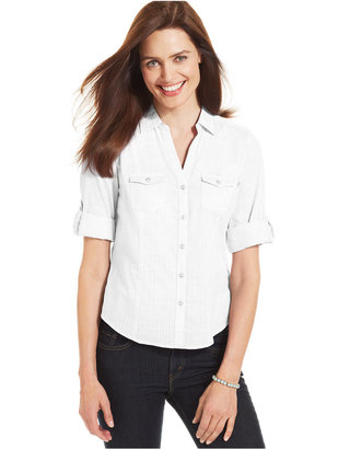 Karen Scott Petite Three-Quarter-Sleeve Button-Down Shirt