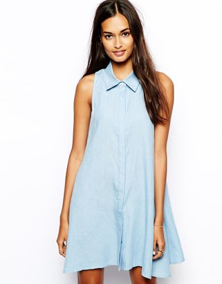 Glamorous Denim Sleeveless Swing Shirt Dress - Blue