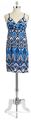 INC International Concepts Petite Ikat Surplice Dress with Embellishments-BLUE-Petite X-Small