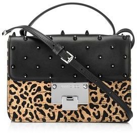 Jimmy Choo Rebel Leopard Print Lasered Cork on Black Mesh and Leather, with Crystal Studs, Cross Body Bag
