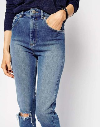 ASOS COLLECTION Farleigh High Waist Slim Mom Jeans In Busted Mid Wash Blue With Ripped Knee