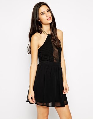 A Question Of Rare Chain Halter Dress with Mesh Panel