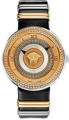 Versace Greek Key Black Leather Strap Watch