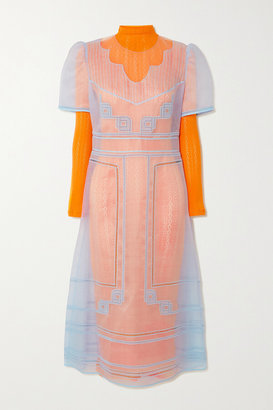 Fendi Layered Embroidered Silk-organza And Pointelle-knit Dress - Blue