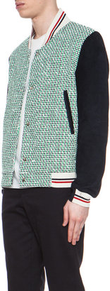 Thom Browne Tweed Nylon-Blend Varsity Jacket in Navy & Emerald
