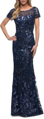 La Femme Beaded Floral Short-Sleeve Gown with Sheer Neckline