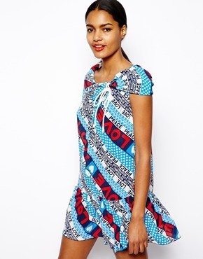 Love Moschino Silk Smock Dress in Peace and Love Print - Blue