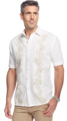 Tasso Elba Island Big and Tall Linen-Blend Palm-Print Pintuck Shirt