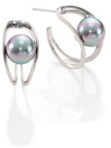 Majorica 10MM Grey Round Pearl & Sterling Silver Hoop Earrings/1"