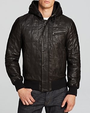 John Varvatos Leather Hooded Bomber Jacket