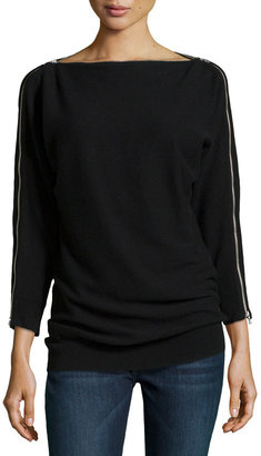 Neiman Marcus Cashmere Zip-Trim Sweater, Black