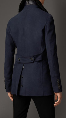 Burberry Cotton Blend Pea Coat With Shearling Topcollar