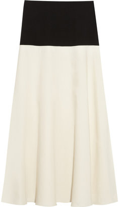 Cédric Charlier Crepe-paneled washed-satin midi skirt