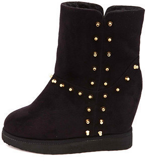 Soda Sunglasses Studded Faux Fur-Lined Wedge Booties