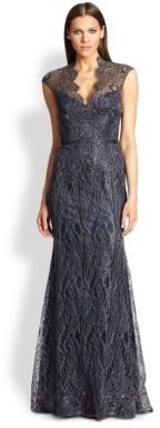 Theia Metallic-Lace Cap-Sleeve Gown