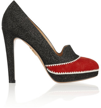 Charlotte Olympia Lou Lou glittered-finshed textured-leather and suede pumps