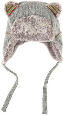 Moulin Roty light grey herringbone knit hat with a false fur lining