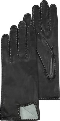 Forzieri Women's Stitched Silk Lined Black Italian Leather Gloves