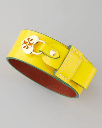 Tory Burch Alden Leather Heart-Lock Cuff Bracelet, Yellow/Green