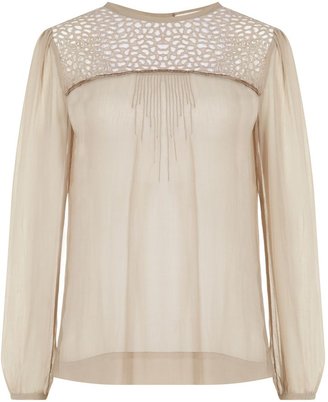 Nougat London Embroidered Yoke and Pintuck Top