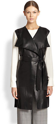 St. John Leather & Wool Tie-Belt Maxi Vest