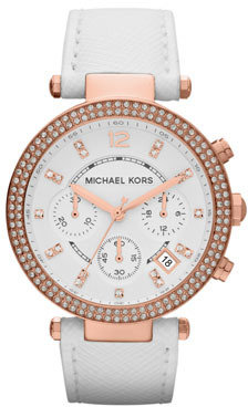 Michael Kors Mid-Size White Leather Parker Chronograph Glitz Watch