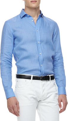 Ralph Lauren Black Label Linen Long-Sleeve Shirt, Light Blue