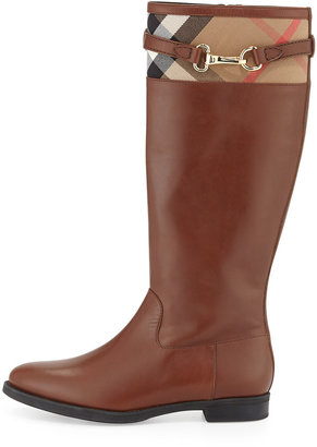 Burberry Check-Top Leather Knee Boot, Dark Tan