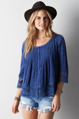 American Eagle Outfitters Blue Boho Button Down Shirt