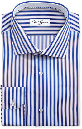 Robert Graham Burt Striped Pattern-Textured Dress Shirt, Dark Blue
