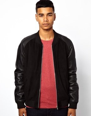 ASOS Suede Bomber Jacket With Leather Sleeves - Black