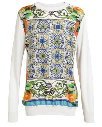 Dolce & Gabbana White Knit with Floral Pattern Silk Front