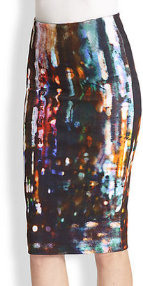 McQ Blurry Lights Printed Stretch Cotton Pencil Skirt