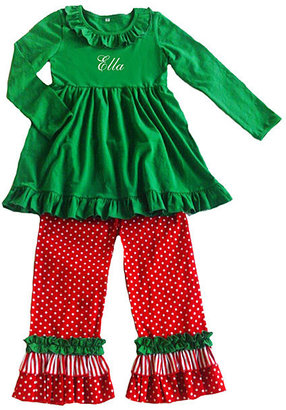 Princess Linens Green Personalized Tunic & Red Pants - Infant, Toddler & Girls