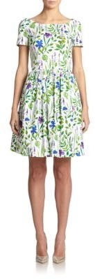 Oscar de la Renta Short-Sleeve Stretch-Cotton Floral Dress