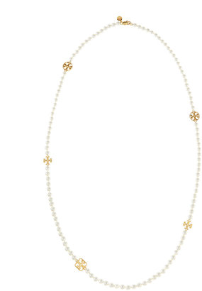 Tory Burch Evie Long Logo-Station Pearly Necklace
