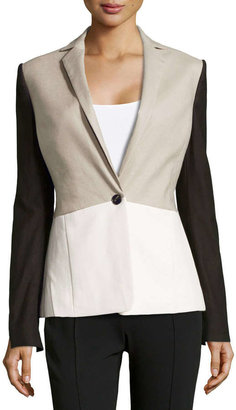 Halston Linen-Blend/Faux-Leather Colorblock Jacket, Flint/White/Black